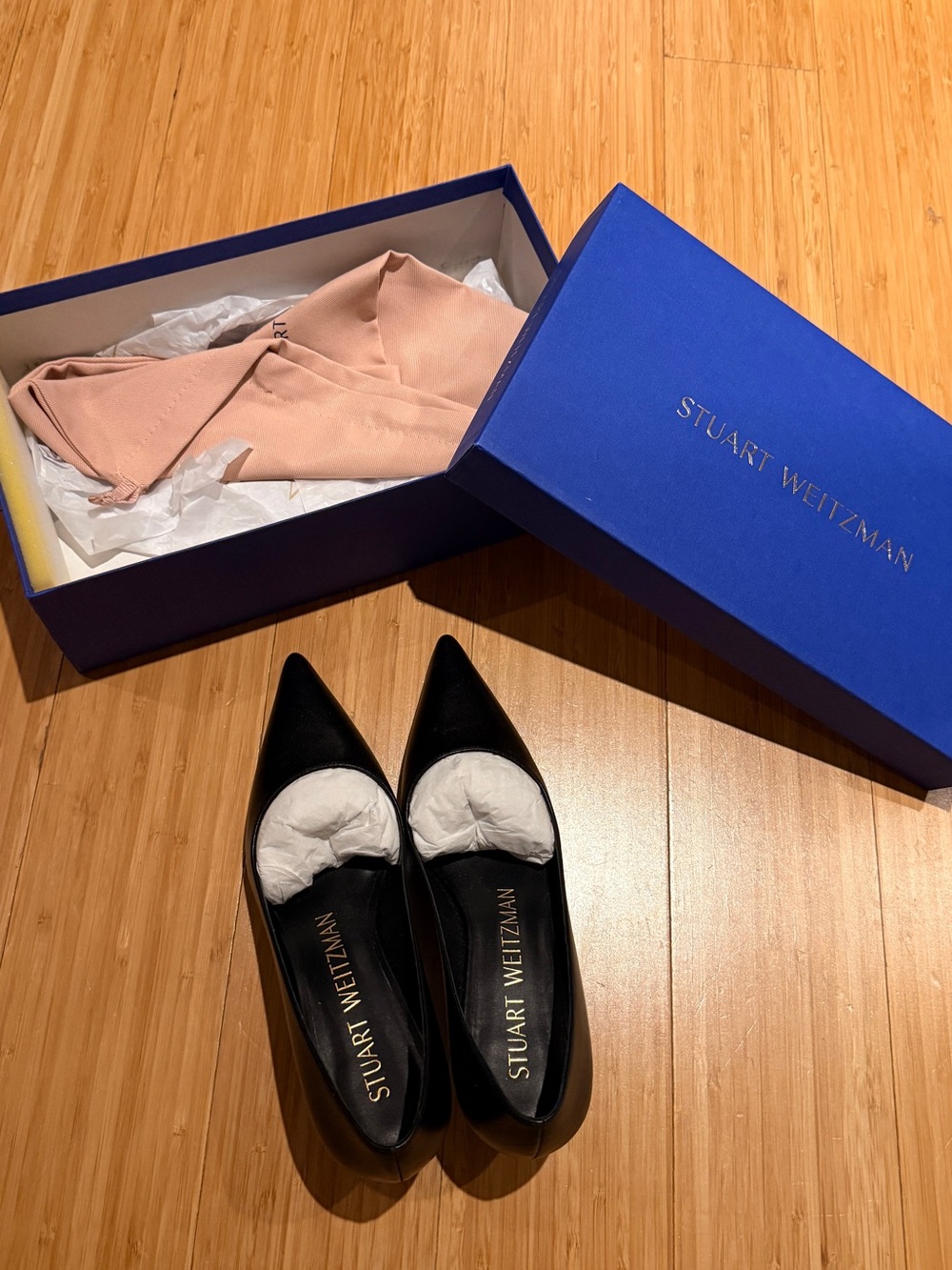 Stuart Weitzman Black Pointed Leather Flats with Blue Box